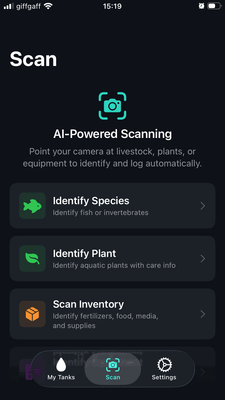 TankSnap scanning a honey gourami fish with AI species recognition